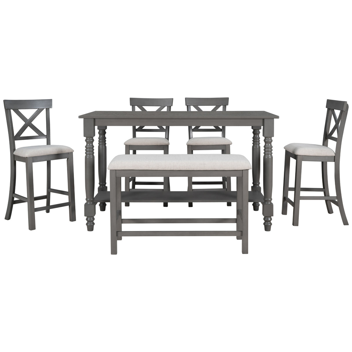 TREXM 6-Piece Counter Height Dining Table Set Table with Shelf 4 Chairs and Bench for Dining Room (Gray) - Home Elegance USA