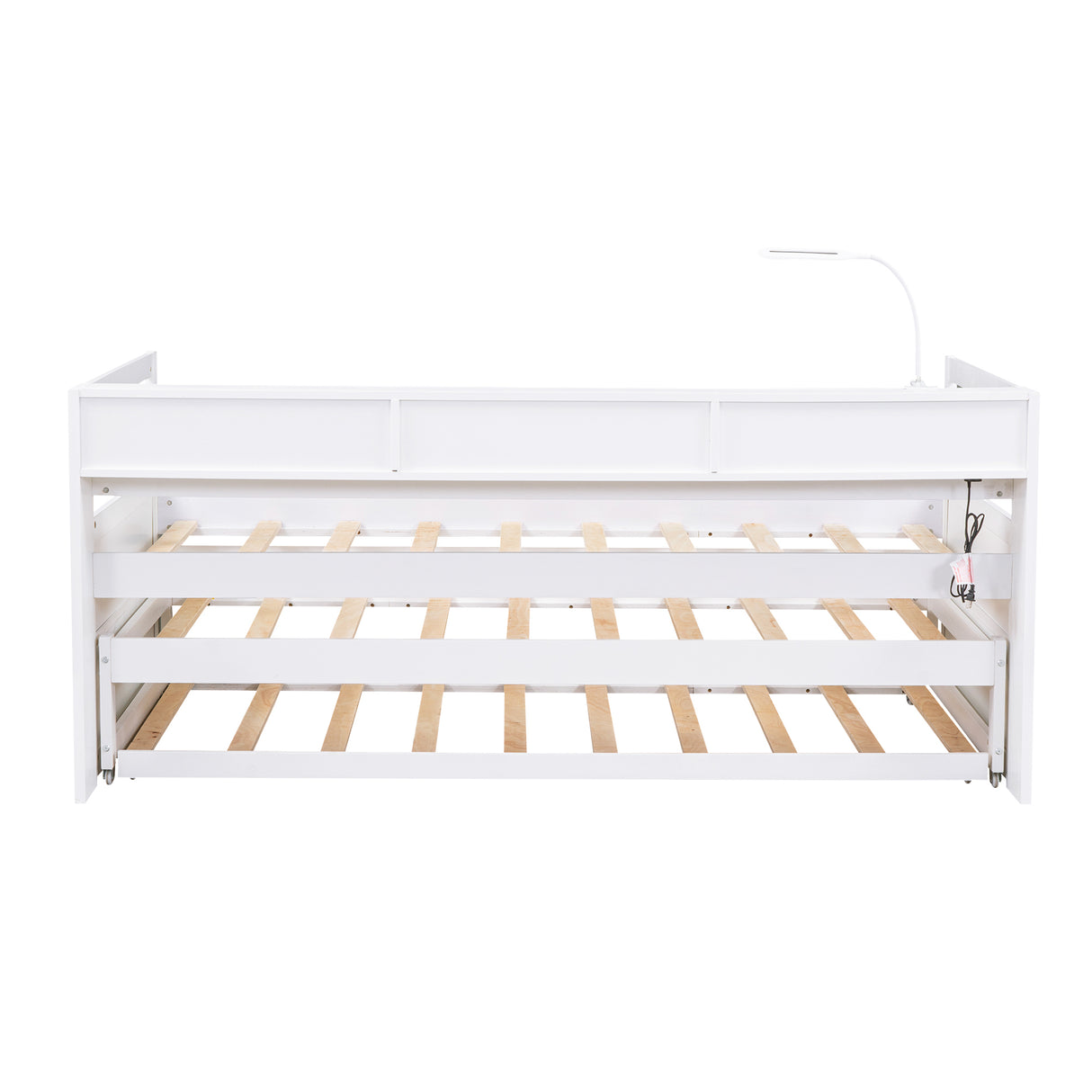 Twin XL Wood Daybed with 2 Trundles, 3 Storage Cubbies, 1 Light for Free and USB Charging Design, White - Home Elegance USA