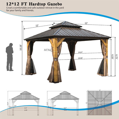 Brown Cedar Wood 12'x12' Hardtop Gazebo: Galvanized Steel Roof, Curtains, Netting - Ideal for Patio, Backyard, Lawn