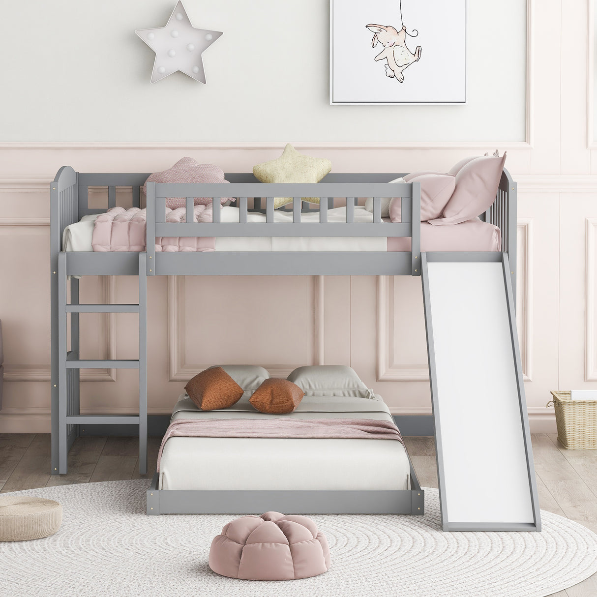 Twin Over Twin Bunk Bed with Slide and Ladder, Gray(OLD SKU :LP000514AAE) - Home Elegance USA