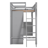 Twin Size Loft Bed with Wardrobe and Drawers, attached Desk with Shelves, Gray - Home Elegance USA