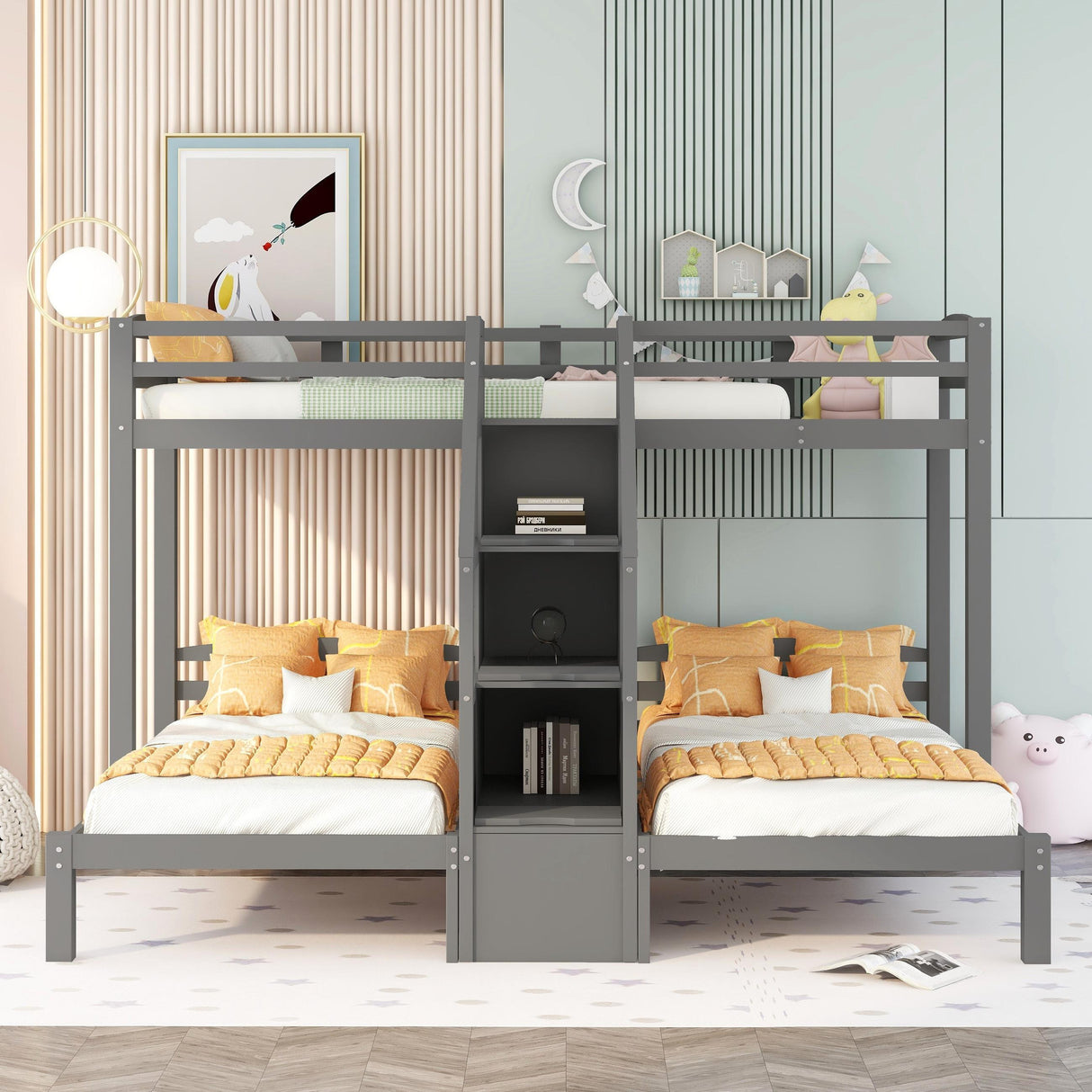 Twin over Twin & Twin Bunk Bed with Built-in Staircase and Storage Drawer,Gray Home Elegance USA