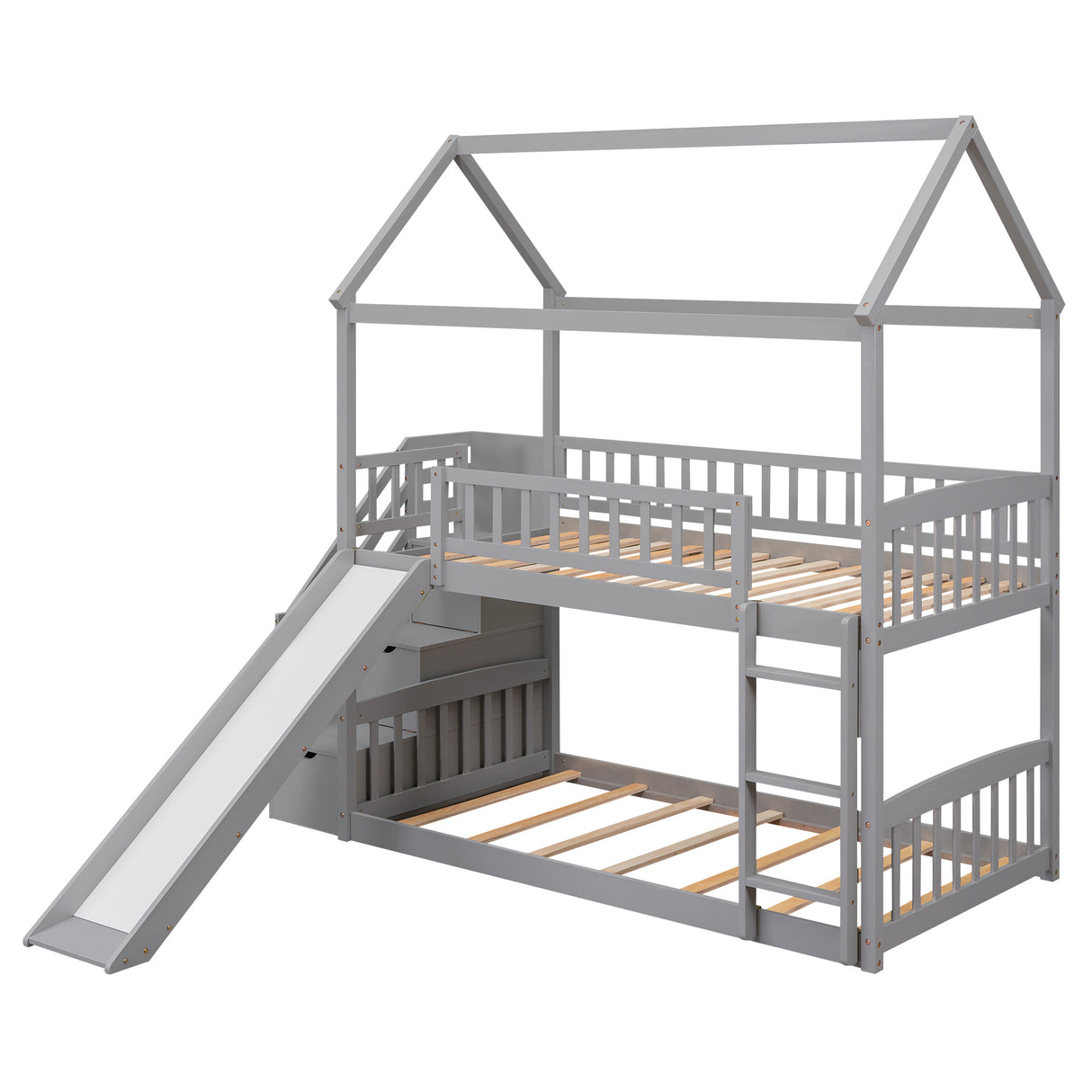 Twin Over Twin Bunk Bed with Drawers and Slide, House Bed with Slide,Gray(OLD SKU :LT000215AAE) - Home Elegance USA
