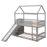 Twin Over Twin Bunk Bed with Drawers and Slide, House Bed with Slide,Gray(OLD SKU :LT000215AAE) - Home Elegance USA