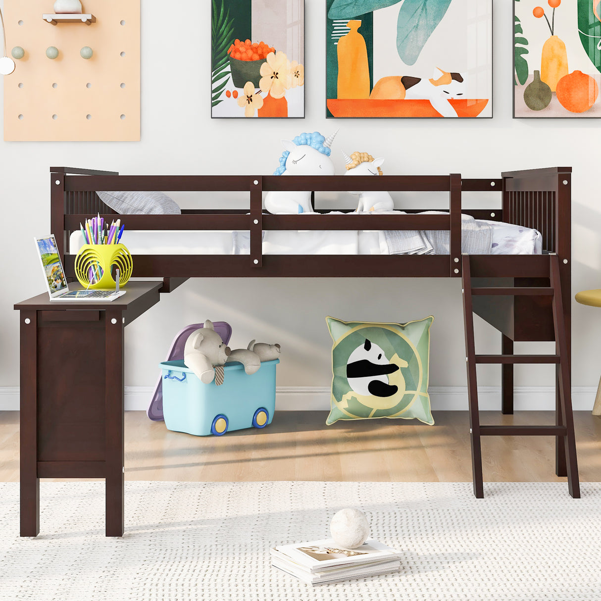 Full Size Loft Bed With Removable Desk and Cabinet, Espresso - Home Elegance USA