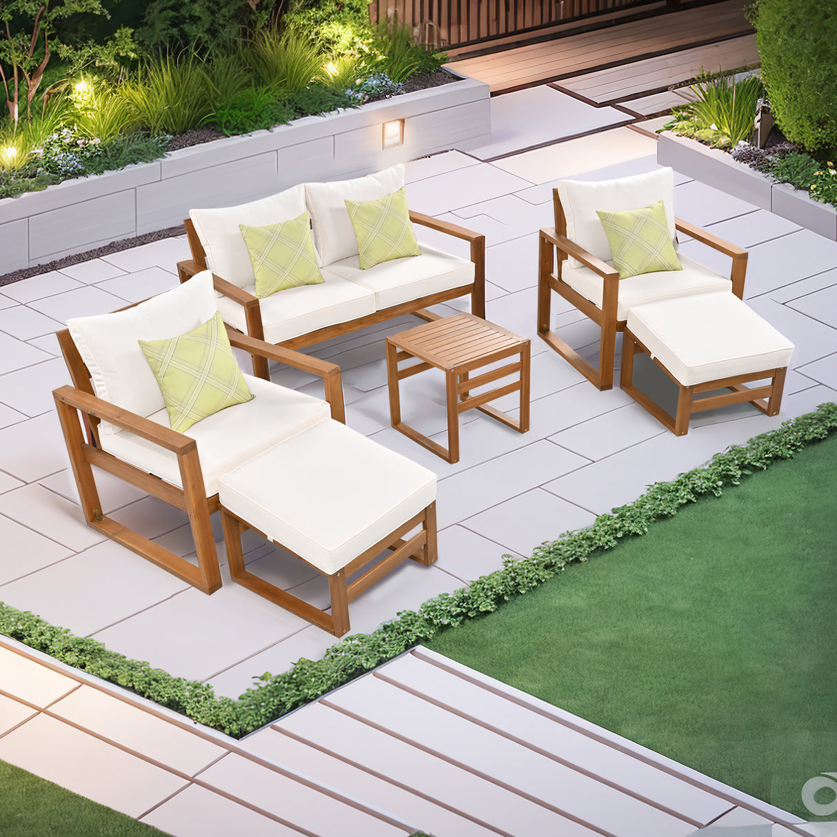 TOPMAX Outdoor Patio Wood 6-Piece Conversation Set, Sectional Garden Seating Groups Chat Set with Ottomans and Cushions for Backyard, Poolside, Balcony, Beige - Home Elegance USA