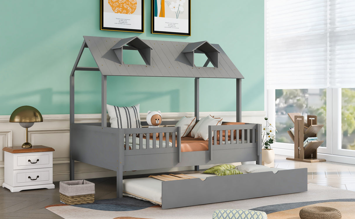 Full Size House Bed Wood Bed with Twin SizeTrundle ( Gray ) - Home Elegance USA