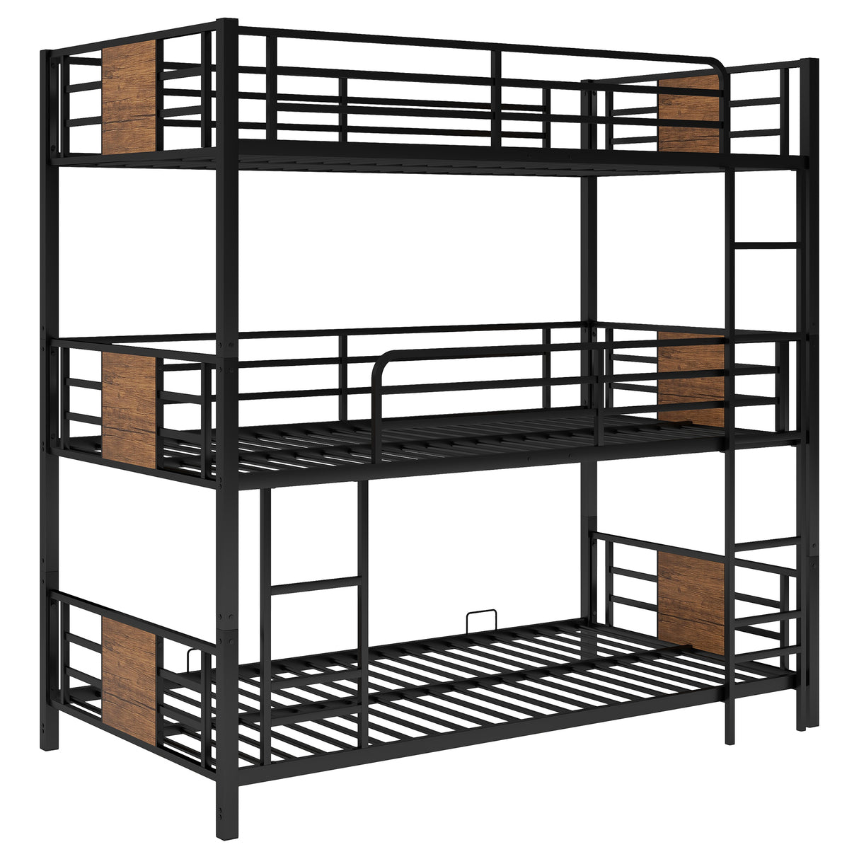 Twin Size Triple Metal Bunk Bed, with Wood Decoration Headboard and Footboard, Brown - Home Elegance USA