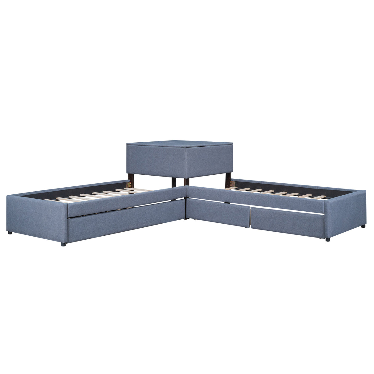 L-shaped Upholstered Platform Bed with Trundle and Two Drawers Linked with built-in Desk,Twin,Gray - Home Elegance USA