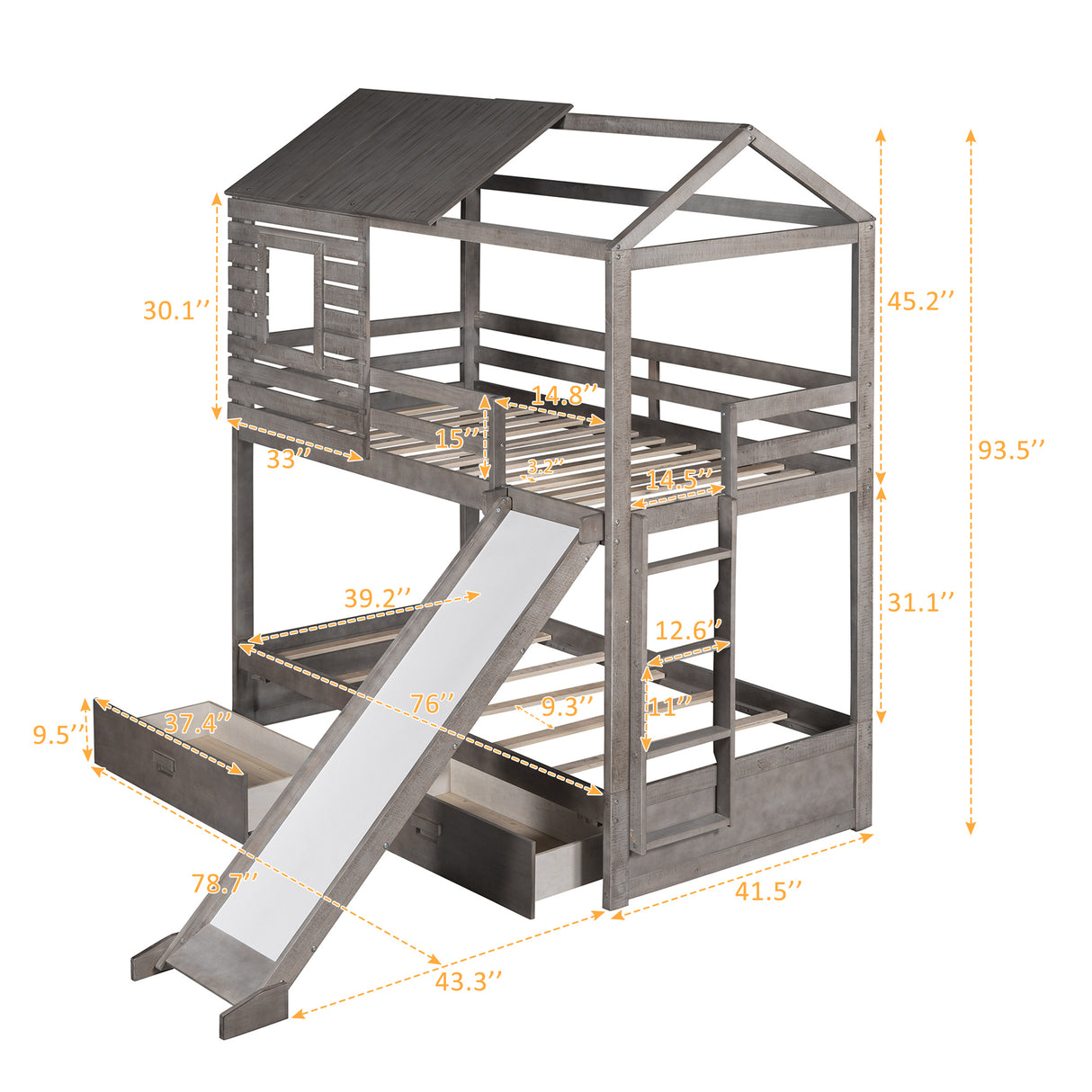 Twin Over Twin Bunk Bed with Two Storage Drawers and Slide, House-Shaped Wood Bunk Bed, Antique Gray (OLD SKU:LP000089AAE) - Home Elegance USA