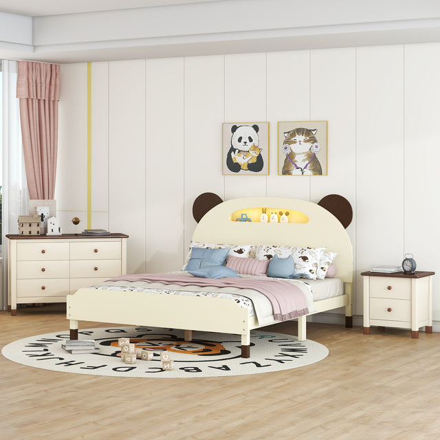 3 - Pieces Bedroom Sets Full Size Bear - Shape Platform Bed with Nightstand and Storage dresser,Cream+Walnut | Home Elegance USA