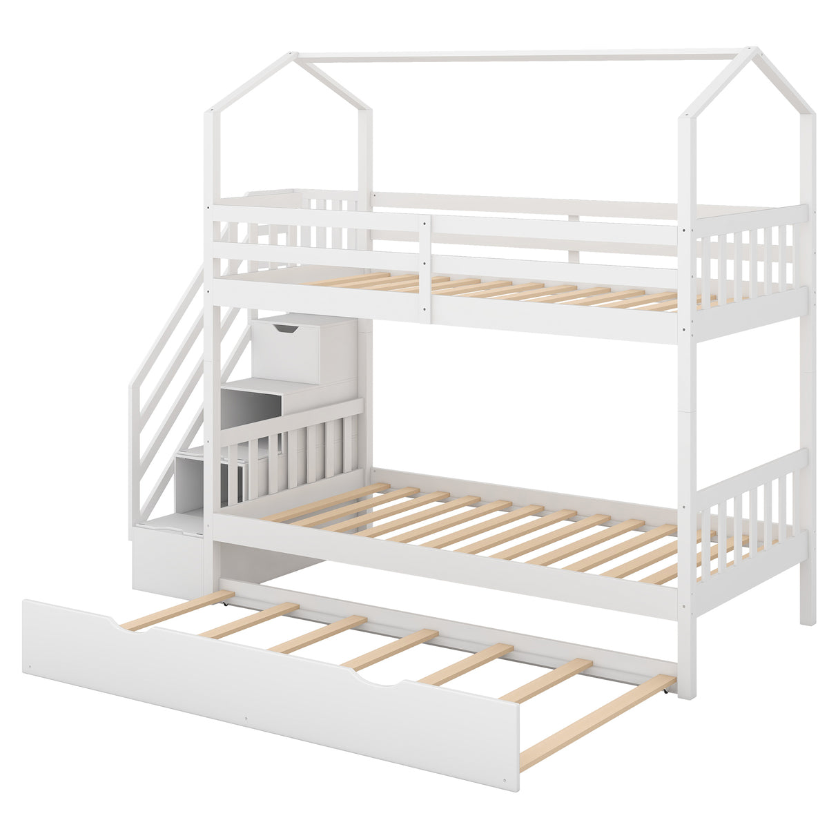 Multifunctional Twin over Twin House Bunk Bed with Staircase and Storage Space,White - Home Elegance USA