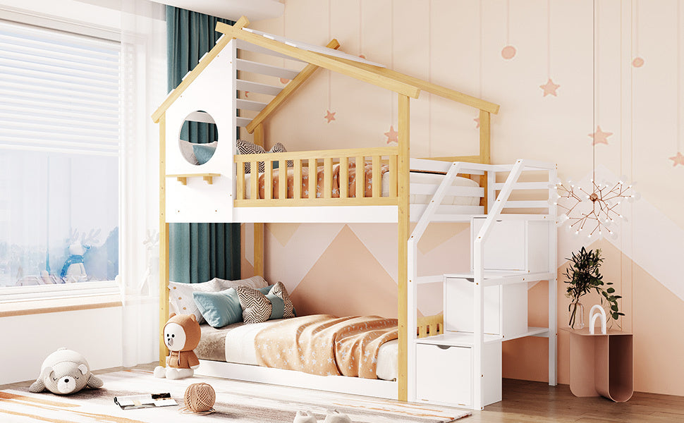 Stairway Twin-Over-Twin Bunk Bed,House Bed,Storage and Guard Rail,Natural Bed +White Stair - Home Elegance USA