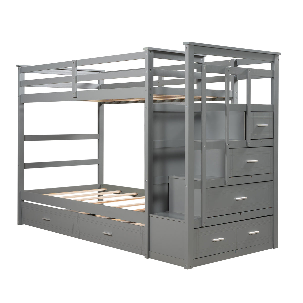 Solid Wood Bunk Bed, Hardwood Twin Over Twin Bunk Bed with Trundle and Staircase, Natural Gray Finish(Old SKU: LP000068AAE) - Home Elegance USA