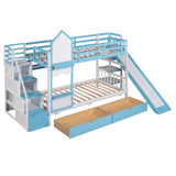 Twin-Over-Twin Castle Style Bunk Bed with 2 Drawers 3 Shelves and Slide - Blue