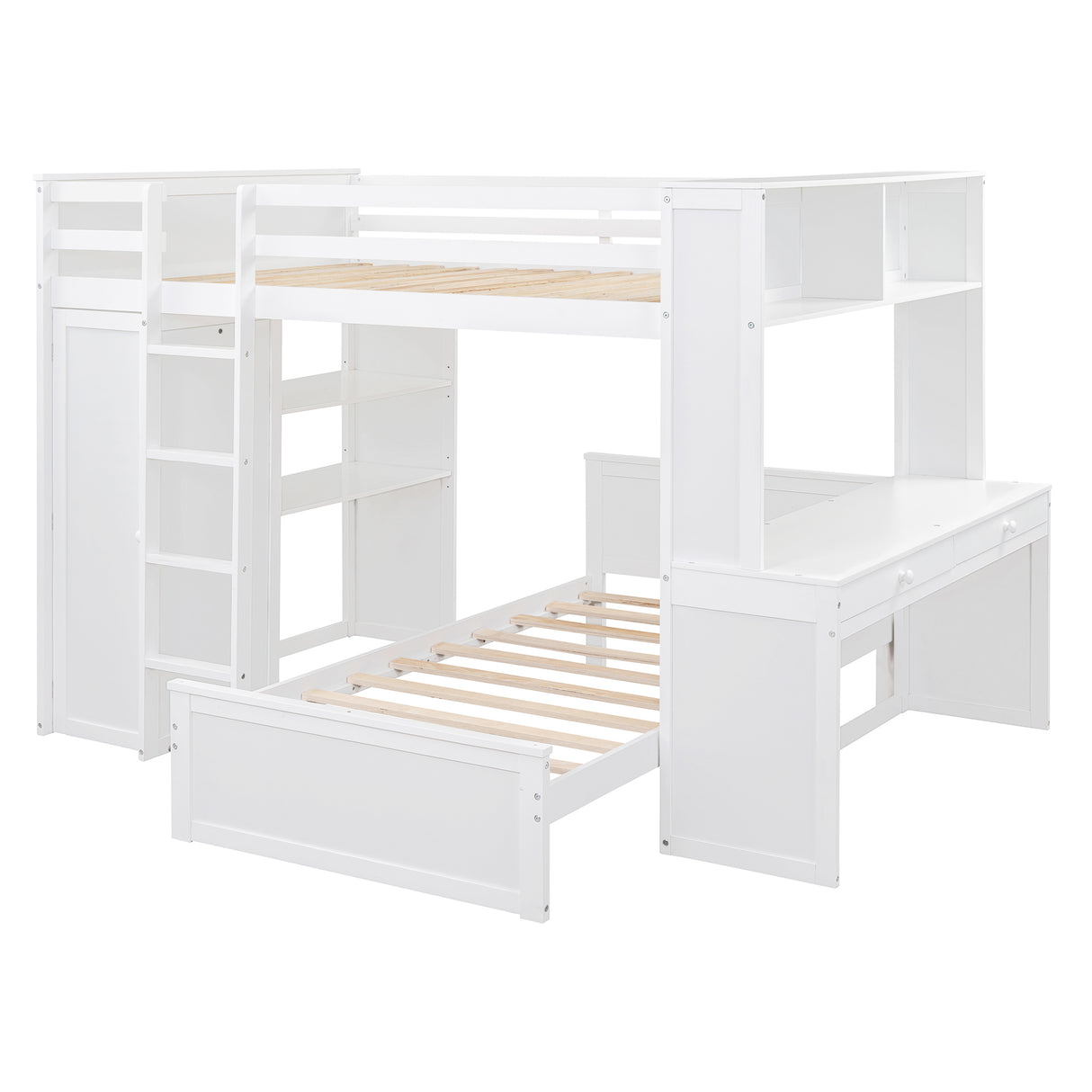 Full size Loft Bed with a twin size Stand-alone bed, Shelves,Desk,and Wardrobe-White - Home Elegance USA