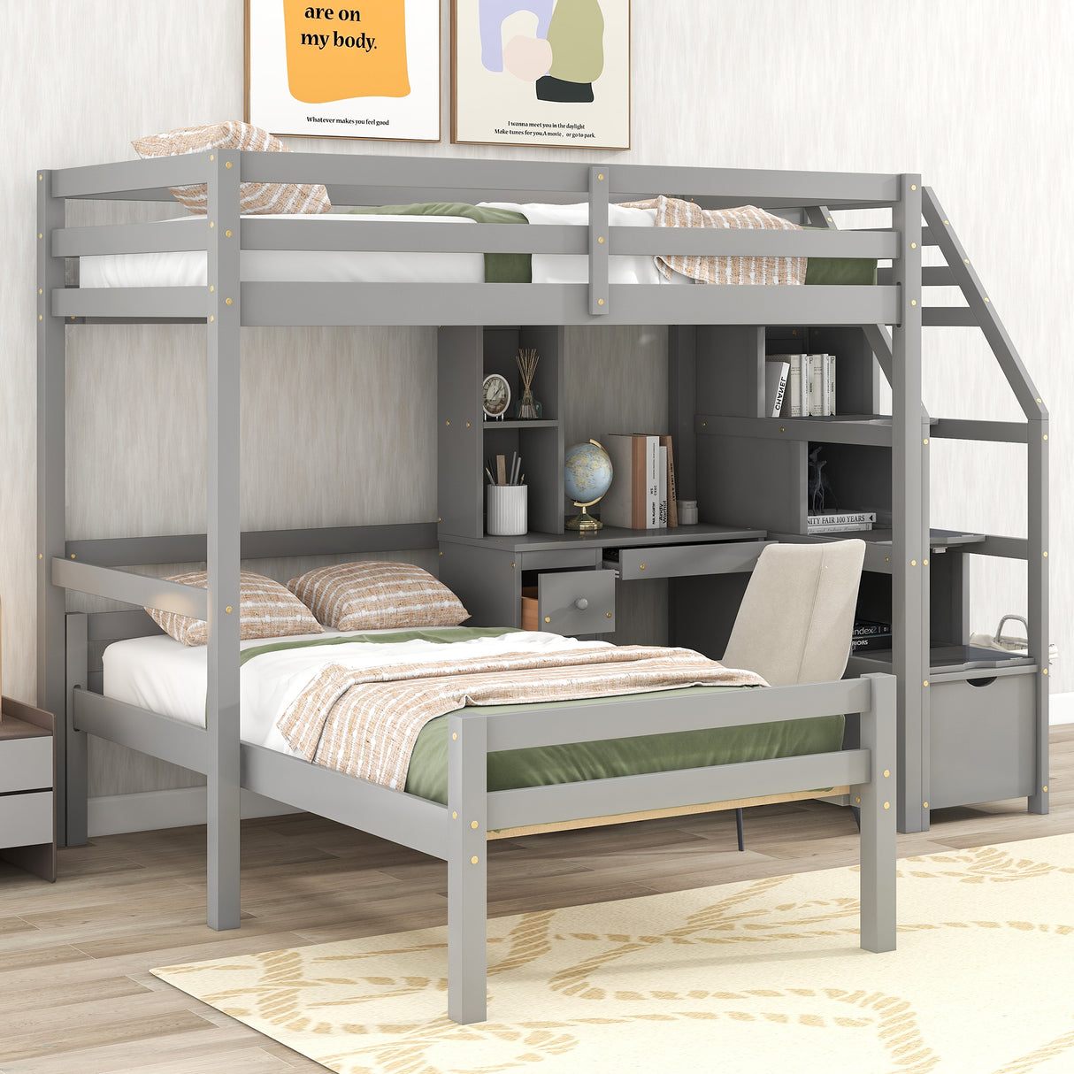 Twin Size Loft Bed with a Stand-alone Bed, Storage Staircase, Desk, Shelves and Drawers, Gray - Home Elegance USA