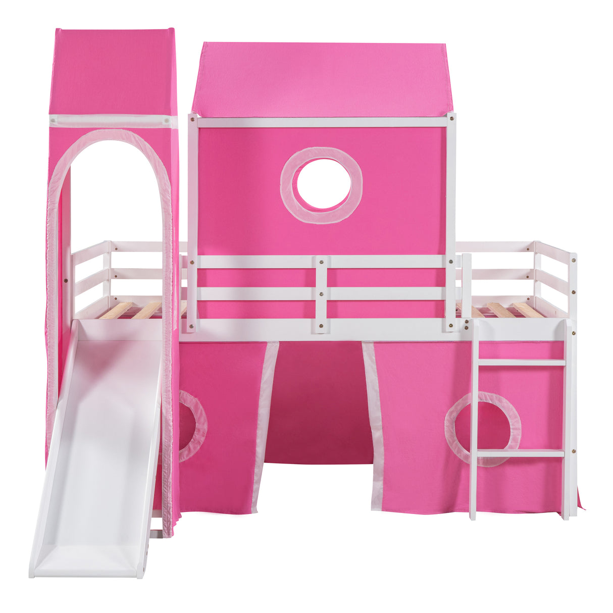 Twin Size Bunk Bed with Slide Pink Tent and Tower - Pink - Home Elegance USA