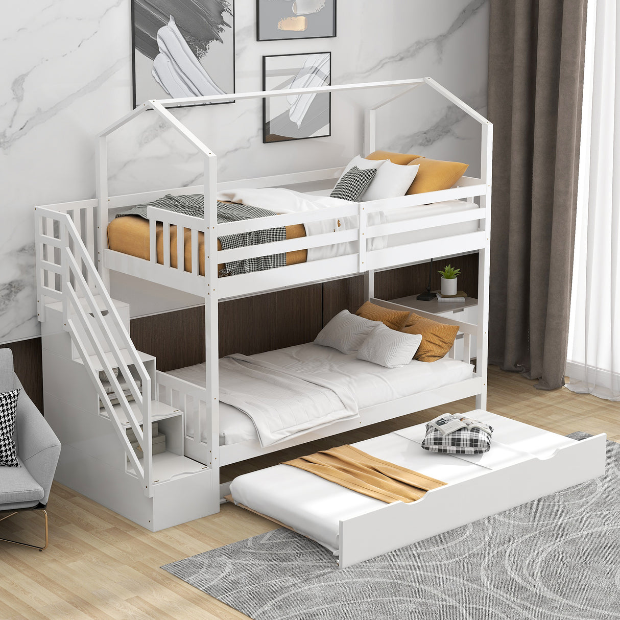 Multifunctional Twin over Twin House Bunk Bed with Staircase and Storage Space,White - Home Elegance USA