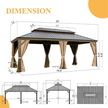 12x20 Hardtop Gazebo, Outdoor Aluminum Frame Canopy with Galvanized Steel Double Roof, Outdoor Permanent Metal Pavilion with Curtains and Netting for Patio,Backyard and Lawn (Brown)