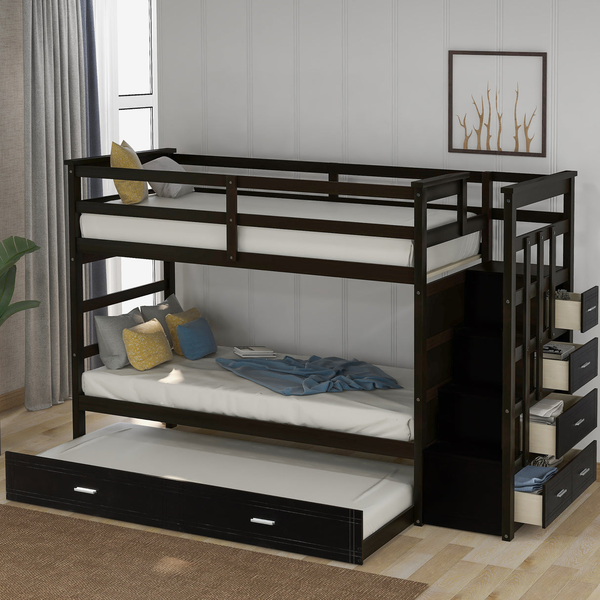 Solid Wood Bunk Bed , Hardwood Twin Over Twin Bunk Bed with Trundle and Staircase, Natural Espresso Finish (OLD SKU: LP000068AAP) - Home Elegance USA