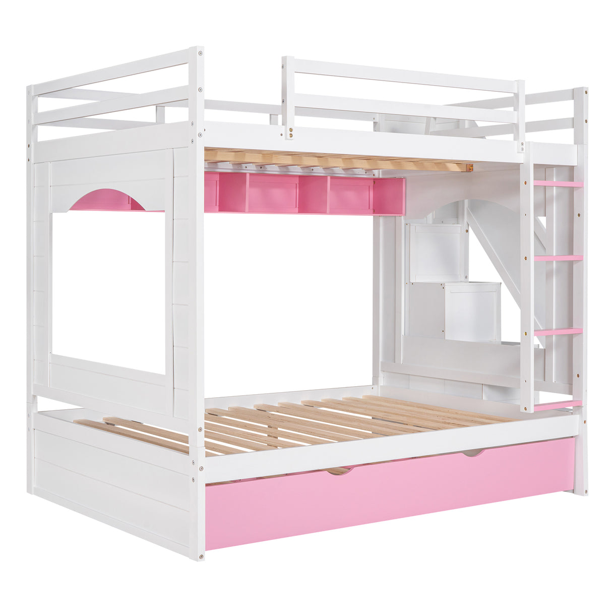 Full Over Full Bunk Bed with Trundle ,Stairs,Ladders Solid Wood Bunk bed with Storage Cabinet （White + Pink） - Home Elegance USA
