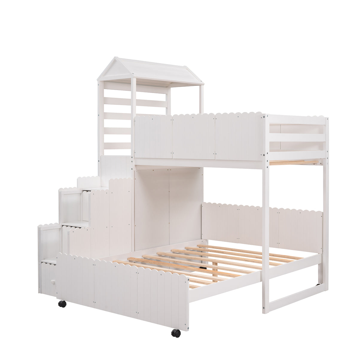 Stairway Twin Over Full Bunk Bed, House Bed with Two Shelves and Seven Drawers,White - Home Elegance USA