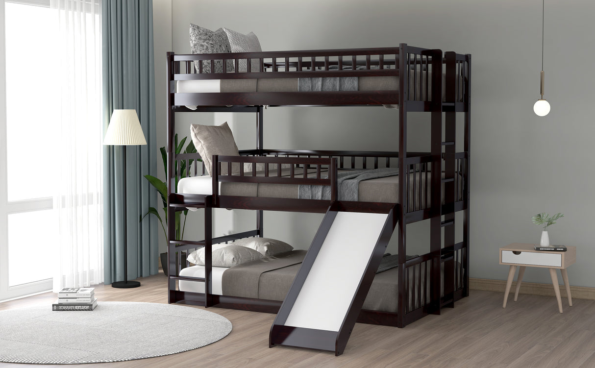 Full-Over-Full-Over-Full Triple Bed with Built-in Ladder and Slide , Triple Bunk Bed with Guardrails, Espresso(OLD SKU :LP000052AAP) - Home Elegance USA