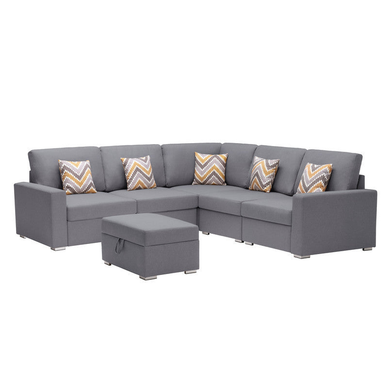 Nolan Gray Linen Fabric 6Pc Reversible Sectional Sofa with Pillows, Storage Ottoman, and Interchangeable Legs - Home Elegance USA