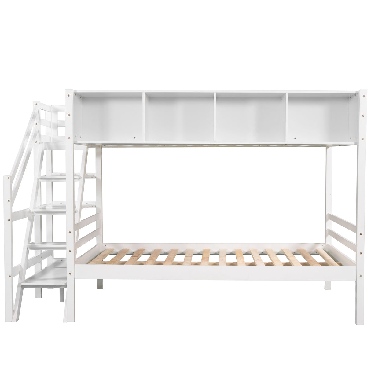 Twin over Full Bunk Bed with Staircase and Built-in Storage Cabinets,White - Home Elegance USA