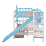 Full-Over-Full Castle Style Bunk Bed with 2 Drawers 3 Shelves and Slide - Blue