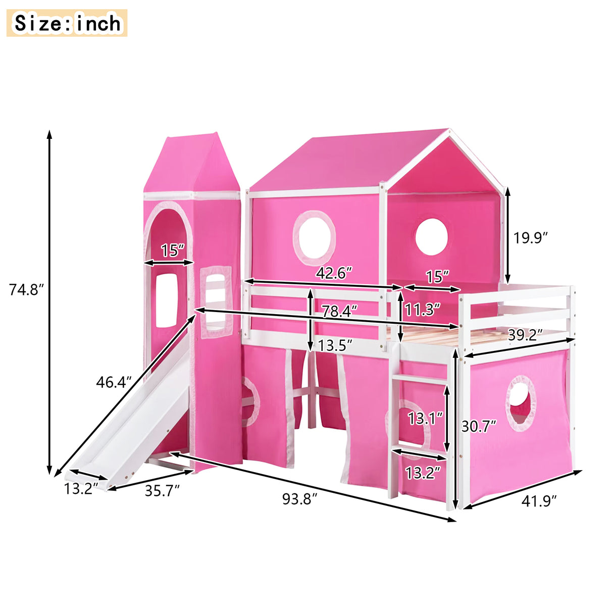 Twin Size Bunk Bed with Slide Pink Tent and Tower - Pink - Home Elegance USA