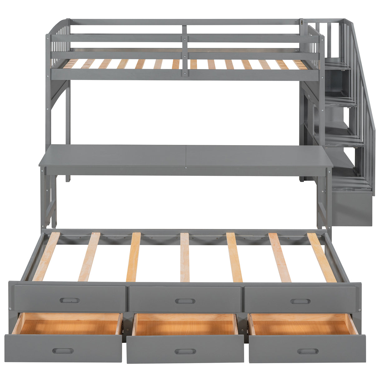 Stairway Twin XL Loft Bed with Twin Size Trundle and 3 Drawers, Storage, Desk, Gray - Home Elegance USA