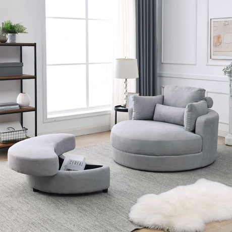 [Video] Welike Swivel Accent Barrel Modern Grey Sofa Lounge Club Big Round Chair with Storage Ottoman Linen Fabric for Living Room Hotel with Pillows Home Elegance USA