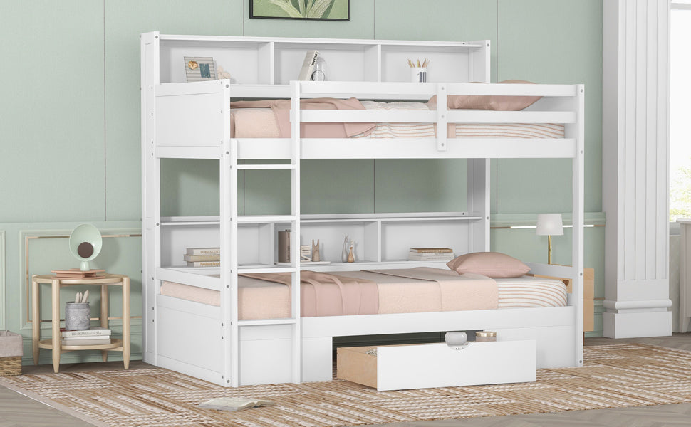 Twin Size Bunk Bed with Built-in Shelves Beside both Upper and Down Bed and Storage Drawer,White - Home Elegance USA