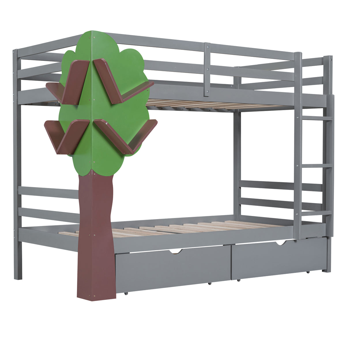 Twin-Over-Twin Bunk Bed with  a Tree Decor and Two Storage Drawers, Gray - Home Elegance USA