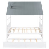 Full Size Wood House Bed With Twin Size Trundle, Wooden Daybed, White With Gray Roof - Home Elegance USA