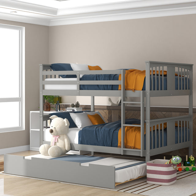 Full over Full Bunk Bed with Twin Size Trundle and Ladder-Gray(Old SKU: LP000204AAE) - Home Elegance USA