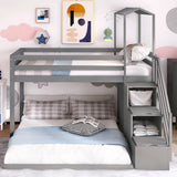 Twin over Full House Roof Bunk Bed with Staircase and Shelves, Gray - Home Elegance USA