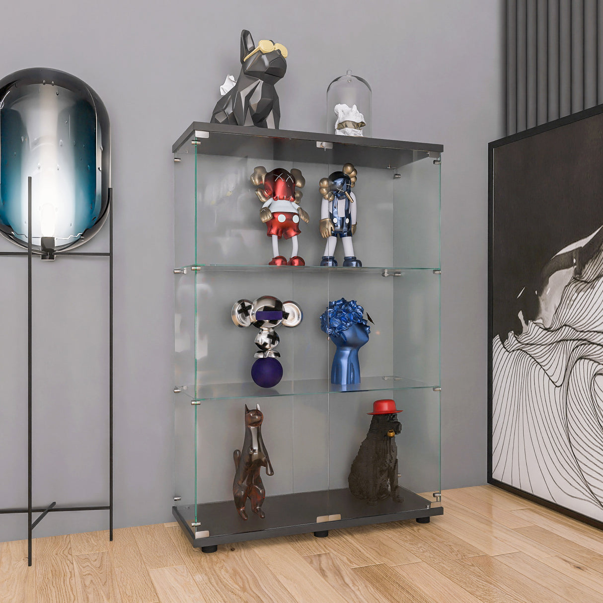 Two-door Glass Display Cabinet 3 Shelves with Door, Floor Standing Curio Bookshelf for Living Room Bedroom Office, 49.49” x 31.77”x 14.37”, Black Home Elegance USA