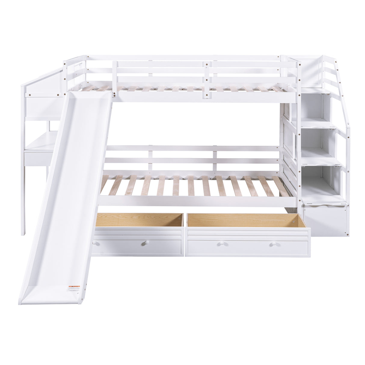 Twin over Twin Bunk Bed with Storage Staircase, Slide and Drawers, Desk with Drawers and Shelves, White - Home Elegance USA