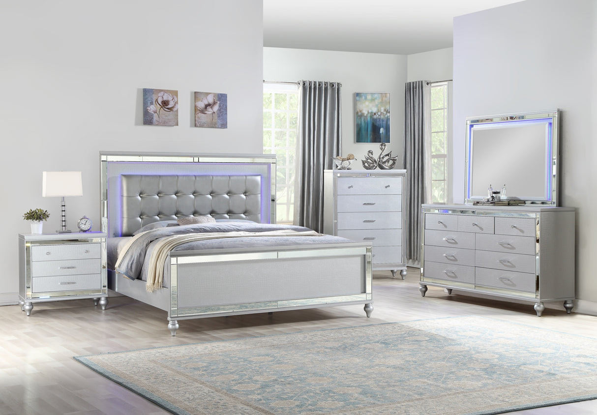 Sterling King Size Upholstered LED Bed made with wood in Silver Color - Home Elegance USA