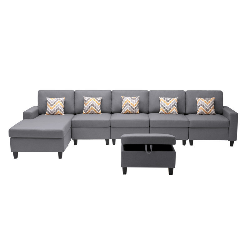 Nolan Gray Linen Fabric 6Pc Reversible Sectional Sofa Chaise with Interchangeable Legs, Pillows and Storage Ottoman - Home Elegance USA