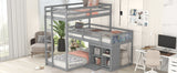 L-shaped Wood Triple Twin Size Bunk Bed with Storage Cabinet and Blackboard, Ladder, Gray - Home Elegance USA