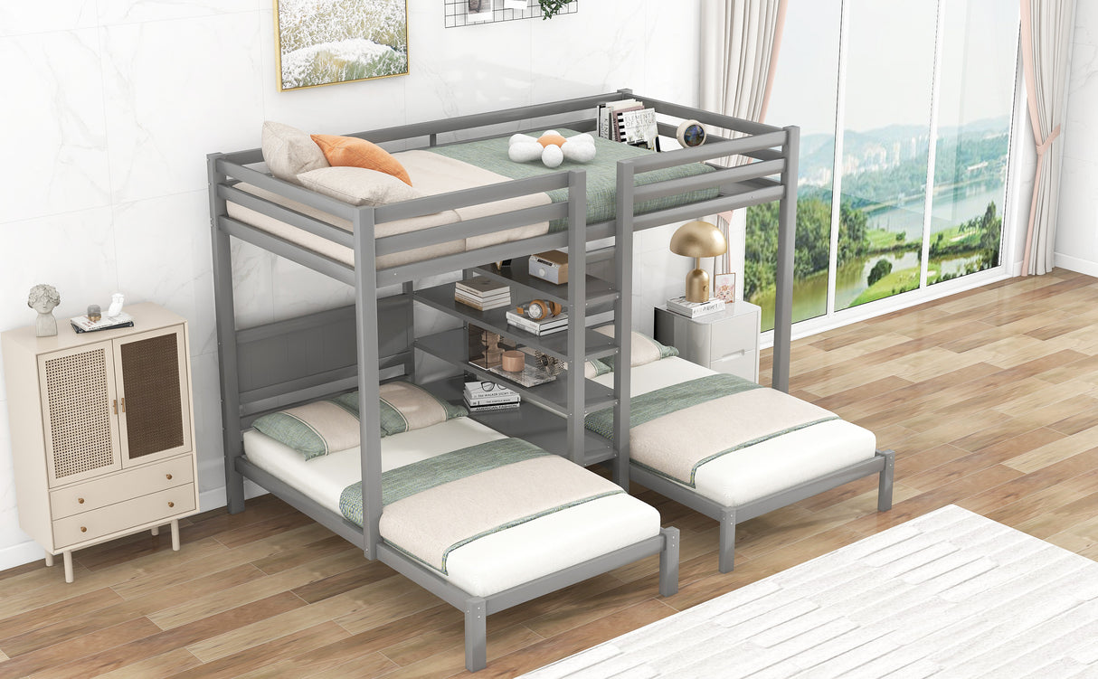 Twin XL over Twin&Twin Bunk Bed with Built-in Four Shelves and Ladder,Gray - Home Elegance USA