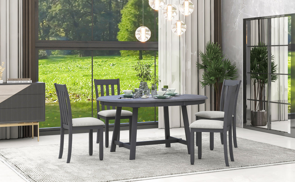 TREXM 5-Piece Wood Dining Table Set Round Extendable Dining Table with 4 Dining Chairs, Dining Room Table Set for 4 person for Dining Room (Gray) - Home Elegance USA