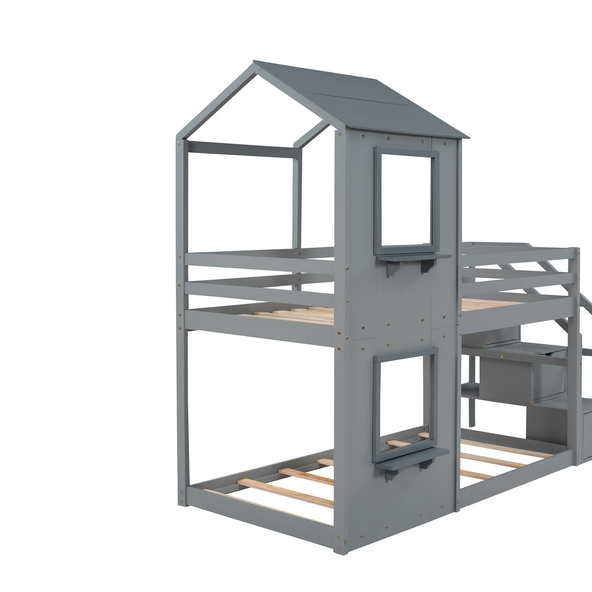 Twin Over Twin Bunk Bed with Storage Stairs,Wood Bed with Roof, Window, Guardrail, Ladder，Gray