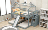 Full over Twin & Twin Bunk Bed,with Slide and Storage Staircase,Built-in Drawer and Shelf,Gray - Home Elegance USA