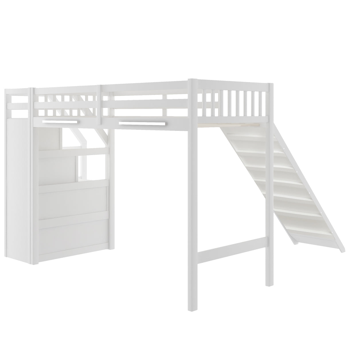 Twin Size Loft Bed with Storage and Slide, White - Home Elegance USA