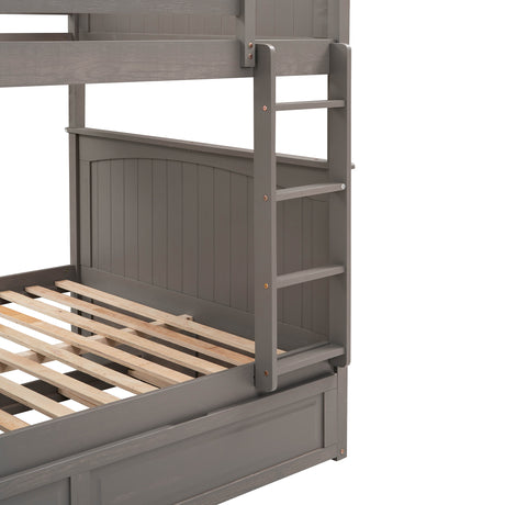 Full Over Full Bunk Bed with Twin Size Trundle, Pine Wood Bunk Bed with Guardrails, Brushed Gray(Old SKU：LP000044AAN)